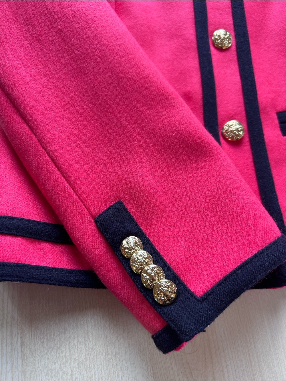 J.Crew Bright Berry Pink Wool Lady Jacket Navy Trim Gold Buttons - Picture 3 of 7